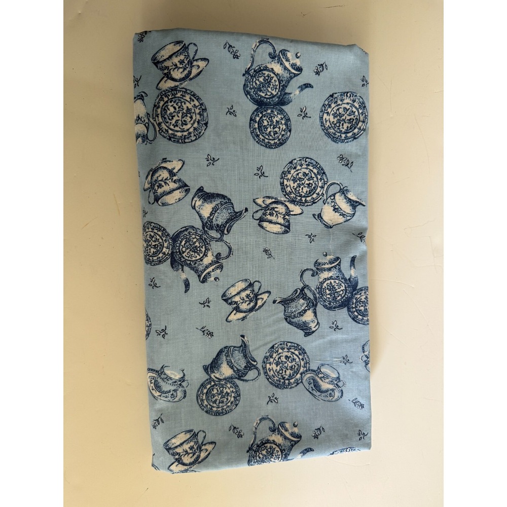 VTG new porcelain dishware blue Fabric 3 yards kitchen teapot 58" X 108" READ